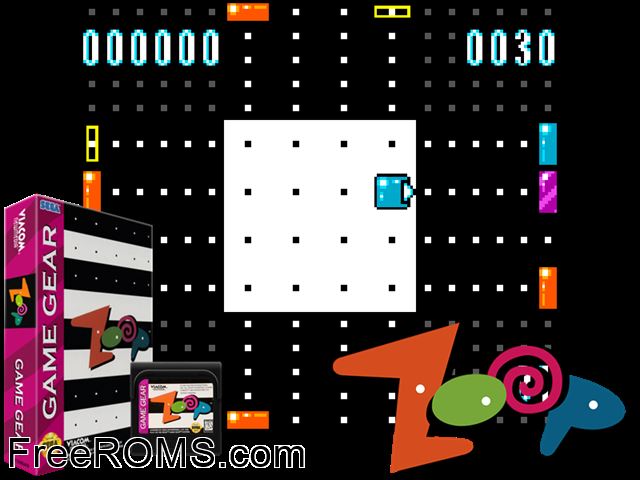 Zoop Game Gear game showing 3D box cover and gameplay screenshot